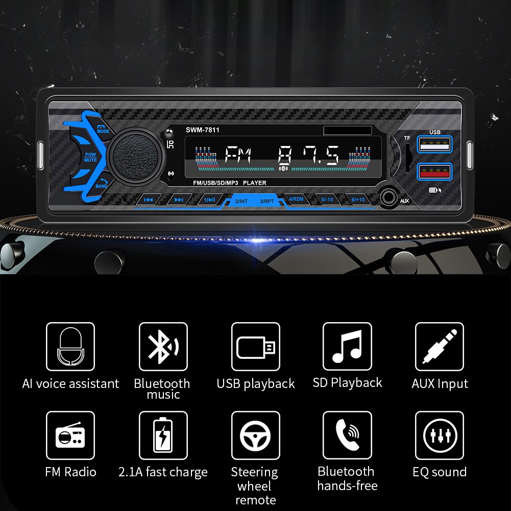 SWM-7811 Car Stereo Bluetooth-compatible AUX-in FM Radio Digital Media Receiver Single 1 DIN In Dash Head Unit Support Voice Con