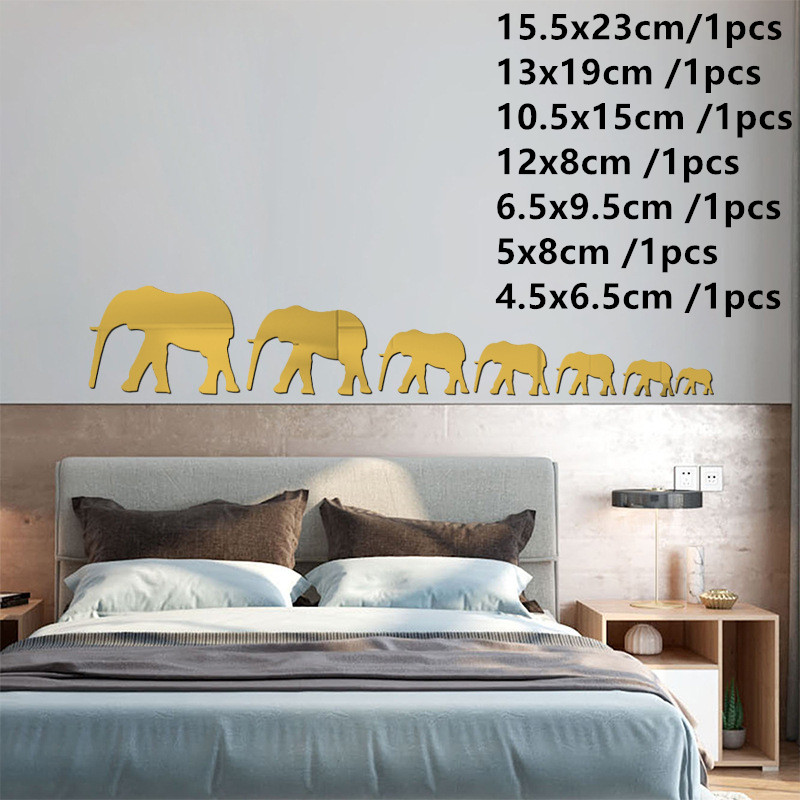 decoración de habitación espejos decorativos de pared Espejo Adhesivo de pared con forma de elefante, decoración de pared para sala de estar y baño, varias combinaciones de diferentes tamaños, 7 Uds.: Gold