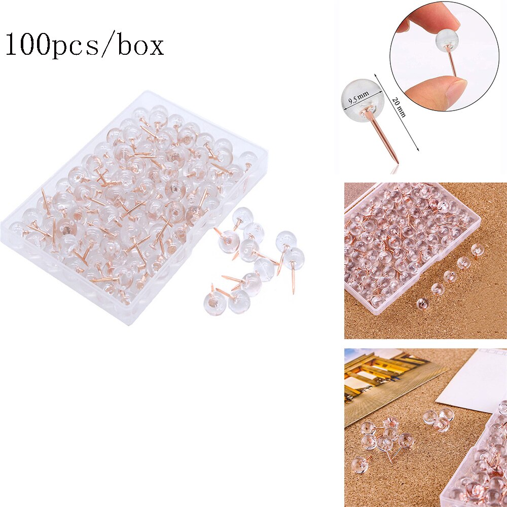 100 Stks/doos Transparant Rose Gold Kleur Push Pins Thumb Punaise Board Pins Tekening Foto Muur Studs Kantoor Schoolbenodigdheden
