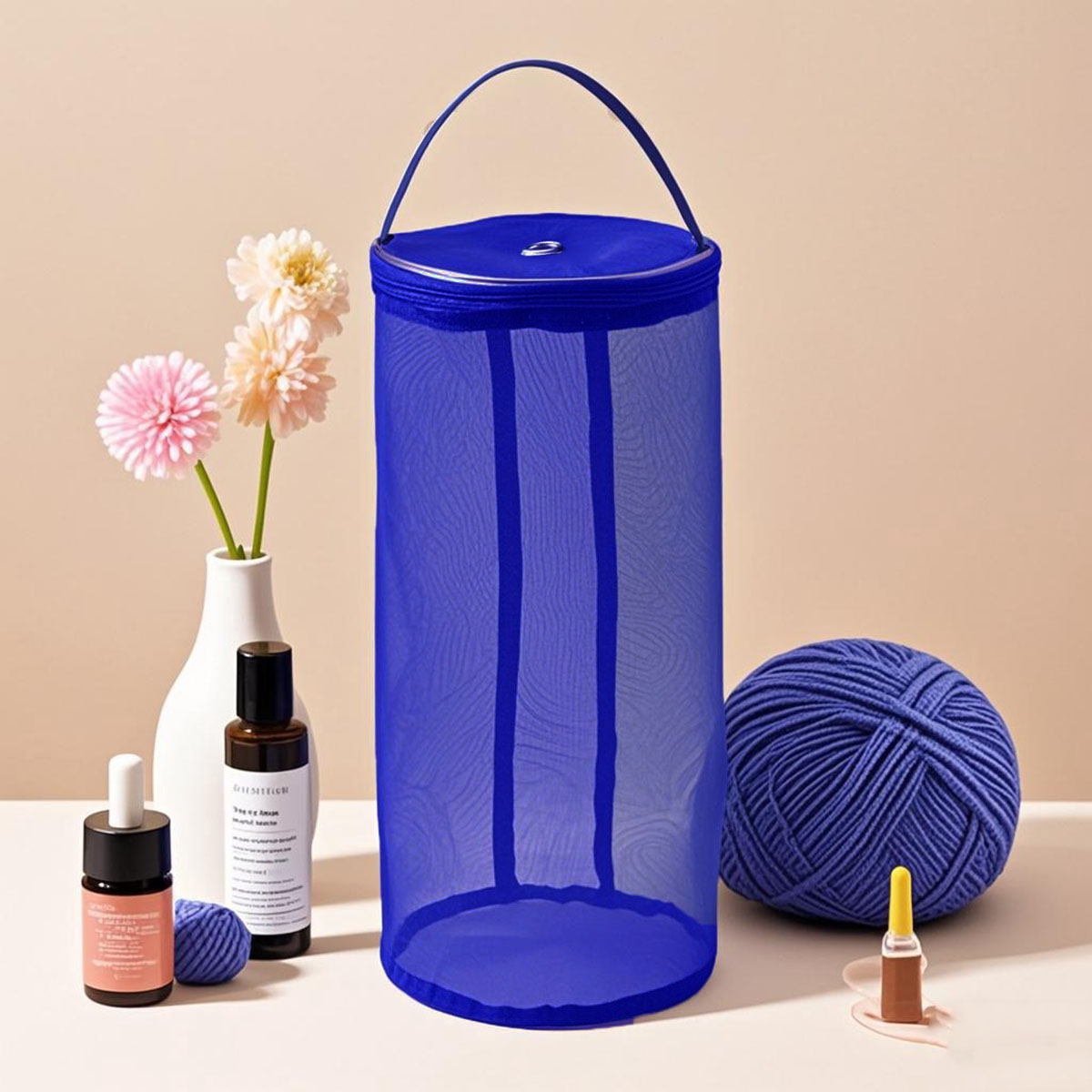Tragbare Garn Lagerung Tasche Hohl Mesh Stricken Wolle Garn Taschen Häkeln Garn Handtasche Organizer Weben Werkzeuge Nähen Zubehör: L / Blau