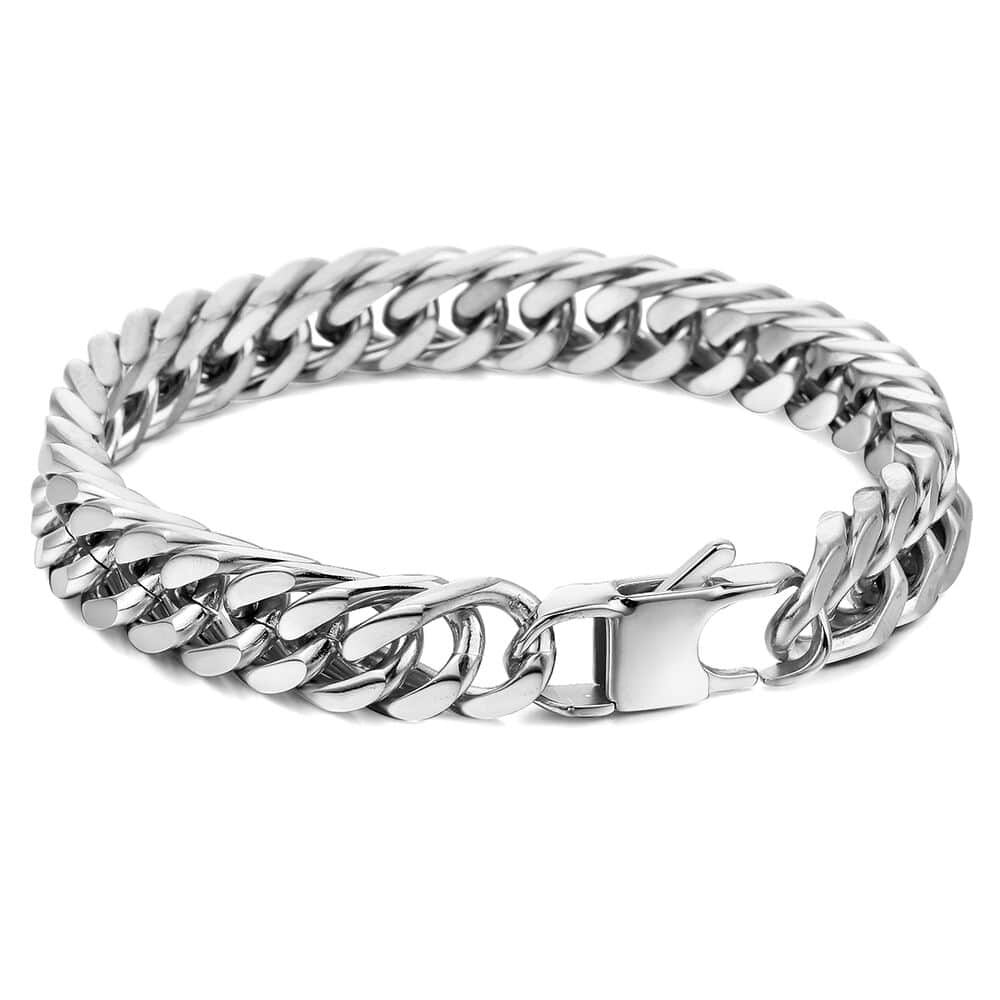 316L Stainless Steel Bracelet For Men Silver Color Tone Cut Double Curb Link Chain Rombo Mens Bracelets 10mm Wide LHB512A: 9inch 23cm