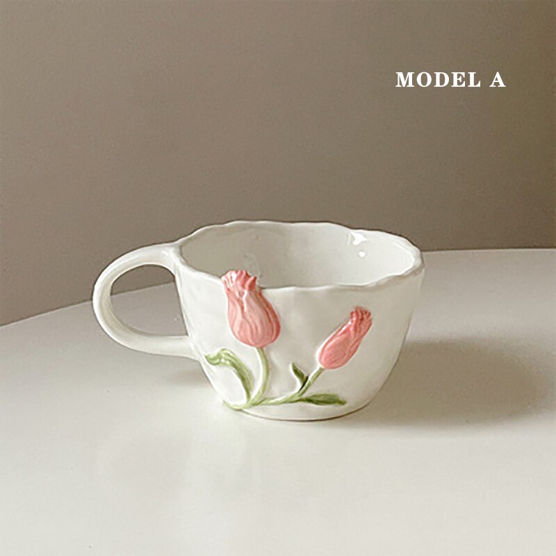 Tulip Ceramic Cutlery Cup Bowl Dessert Plate Embossed Three-dimensional 6inch Bowl Salad Bowl Milk Mug Home Dinnerware Set 1pcs: A