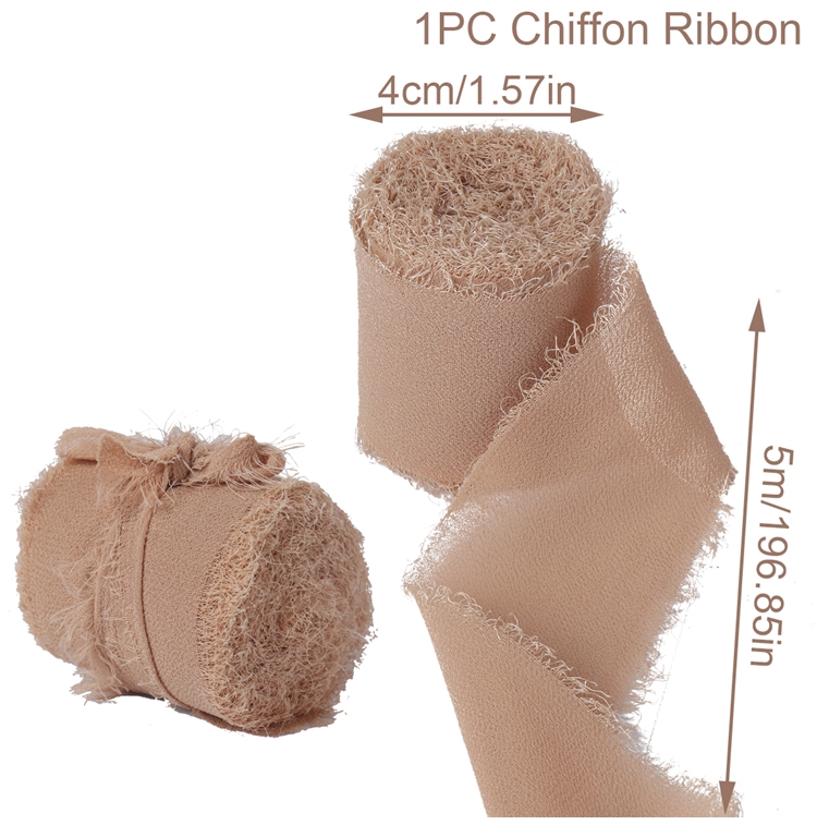 4CM * 5M Nastro di seta chiffon antirughe con bordi sfilacciati fatti a mano per invito a nozze Decorazione da avvolgimento Bouquet da sposa artigianale con frange trasparenti: Caffè