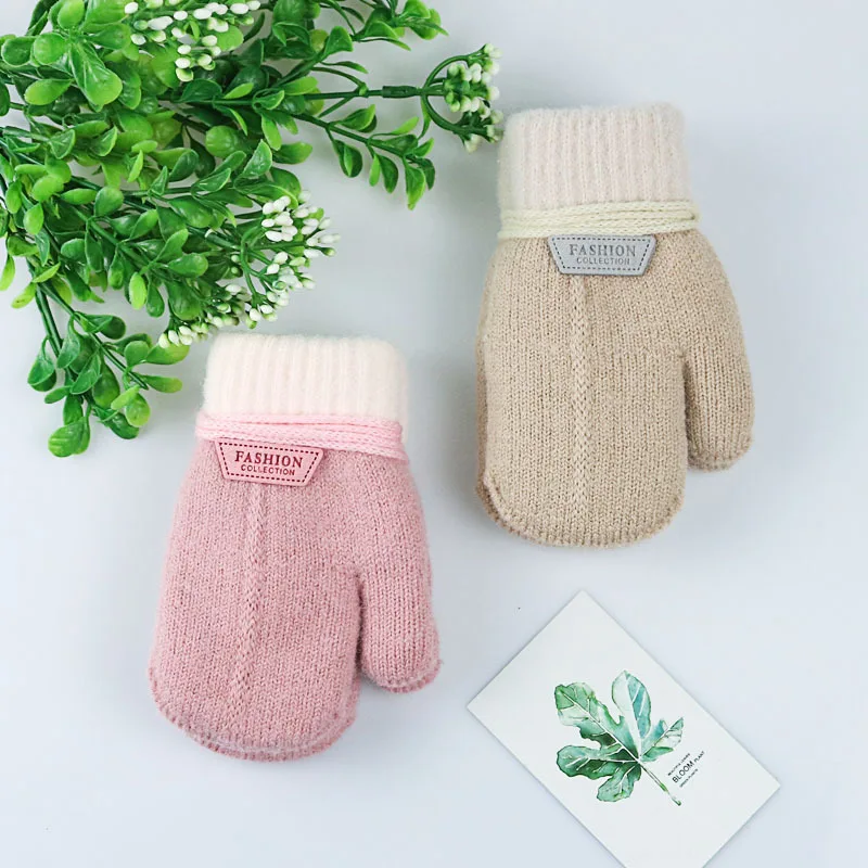 Children's Gloves Winter Solid Thicken Plus Velvet Halter Gloves For Kids Toddler Outdoor Keep Warm Knitted Mittens With Rope