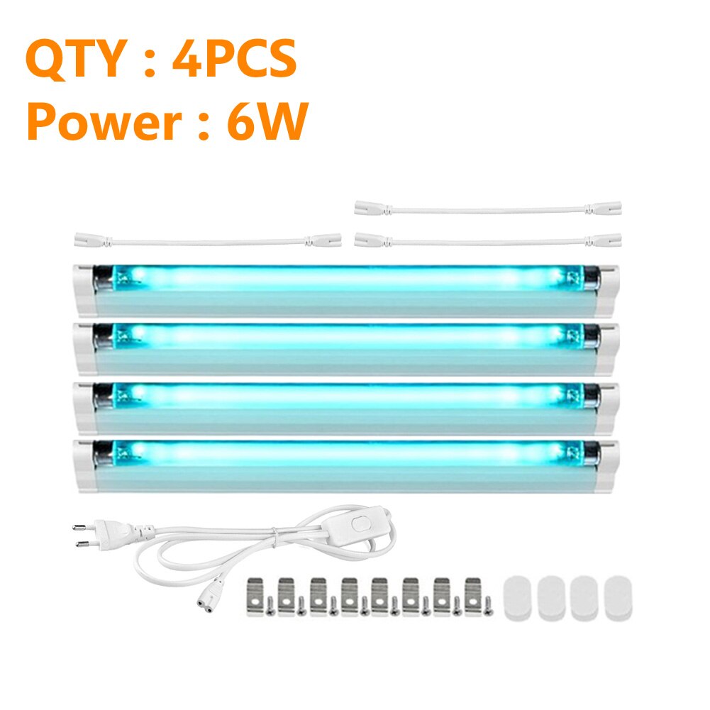 LED Tube UV Ozone germicide lampe UVC désinfection lumières T5 Tube tuer poussière acarien Ultraviolet stérilisateur ampoules 6W/8W ue Plug 220V: 4x6Wx1xEUx3xCable