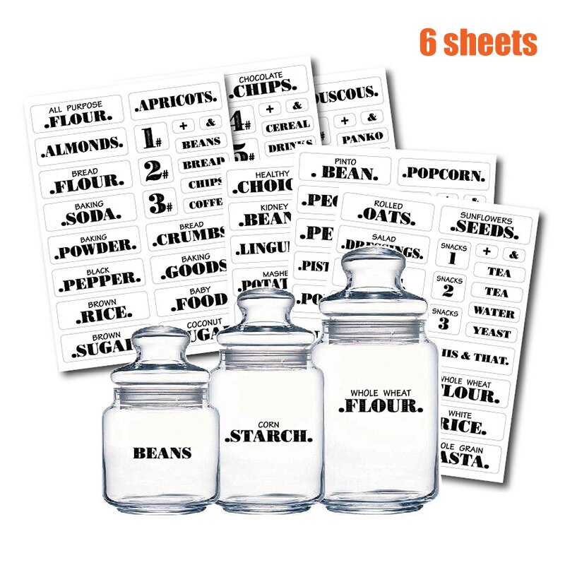 Farmhouse Pantry Labels 6 Sheets Transparent Waterproof Pantry Stickers Food Jar Labels for Pantry Organization GQ