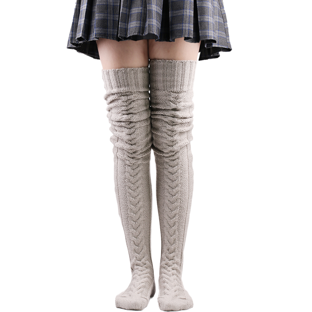 Zakolanówki pończochy damskie zimowe ciepłe damskie dziewczęce czarne białe nad podkolanówki bardzo długi damski wełniany ocieplacz na nogi: lekki szary / 105cm