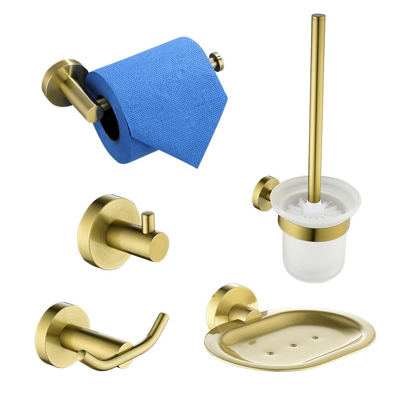 Bathroom Hardware Set Brushed Gold Toilet Brush Holder Robe Hook Paper Holder Soap Dish Holder Wall Mount Bathroom Accessories
