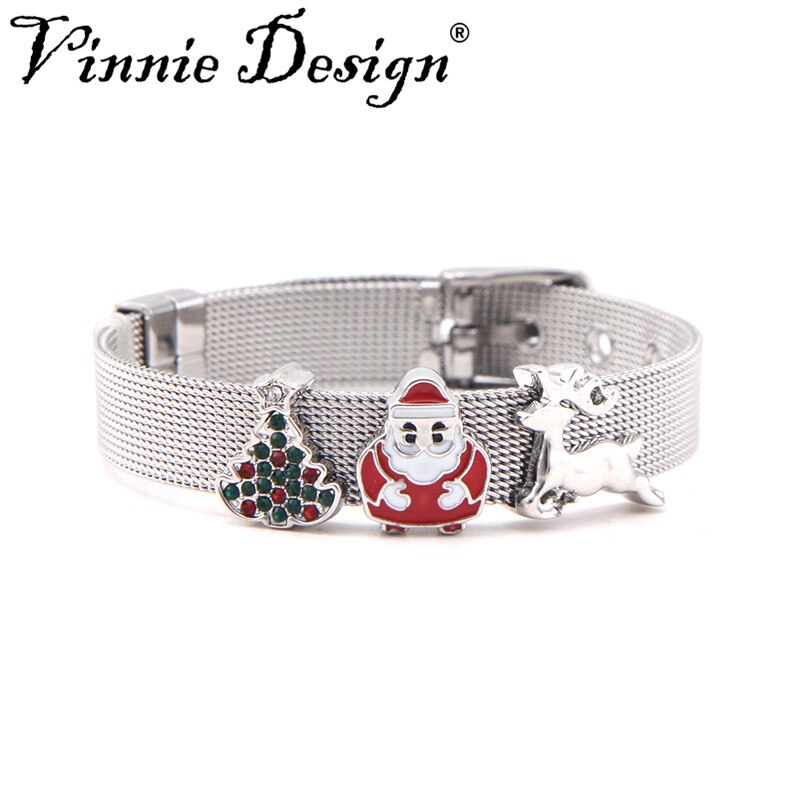 Vinnie design jóias pulseira de malha de aço inoxidável com 3 pçs slide encantos para o presente do dia de natal: set 1