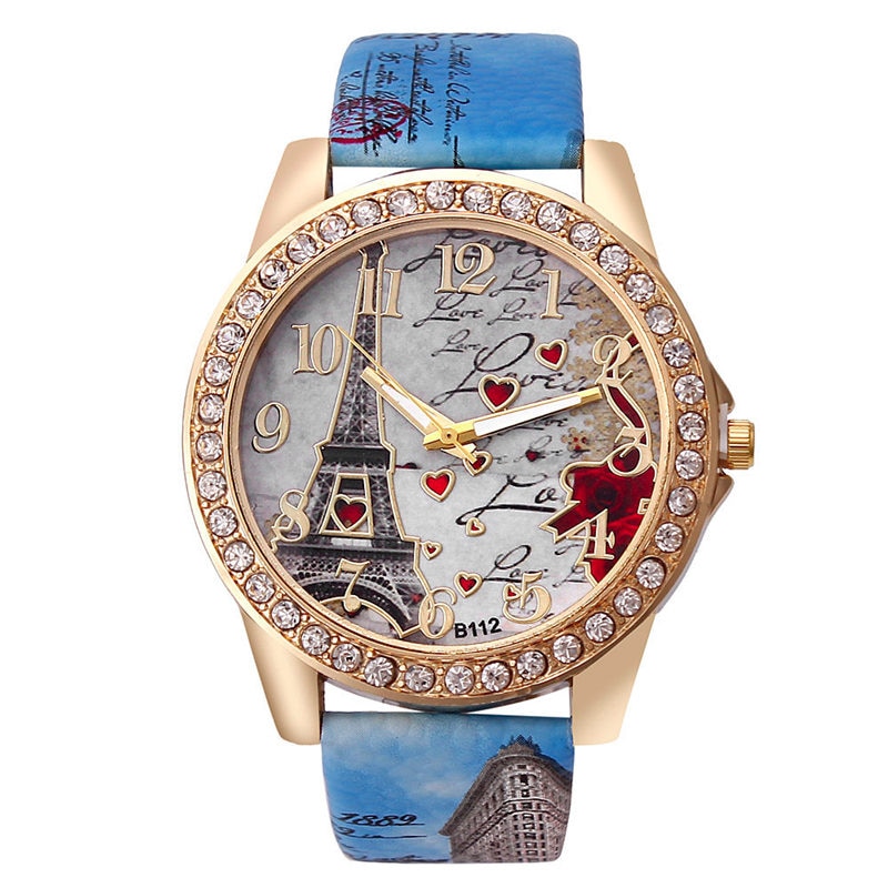 Vintage paris eiffel tower ure luksus læder kvinder quartz ure dame piger dame casual armbåndsure: 159848 blå