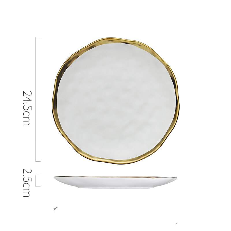 Ceramic Dinner Plate Gold Inlay Snack Dishes Luxury Gold Edges Plate Dinnerware Kitchen Plate Black White Tray TablEware Set: Large White