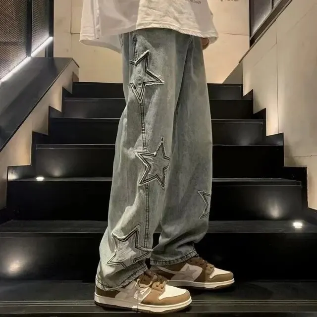 Y2k- stjernet broderi baggy casual jeans til mænd gotisk neutral brede ben lige bukser hiphop ungdom street denimbukser: S / Blå