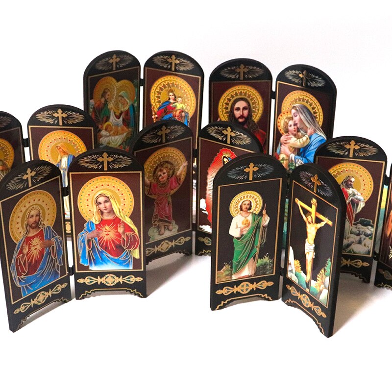 Katholieke Houten Dubbele Scherm Ornamenten Home Decoratie Christus Jezus Virgen Maria Religieuze Figuur Icoon Imagenes Kerk