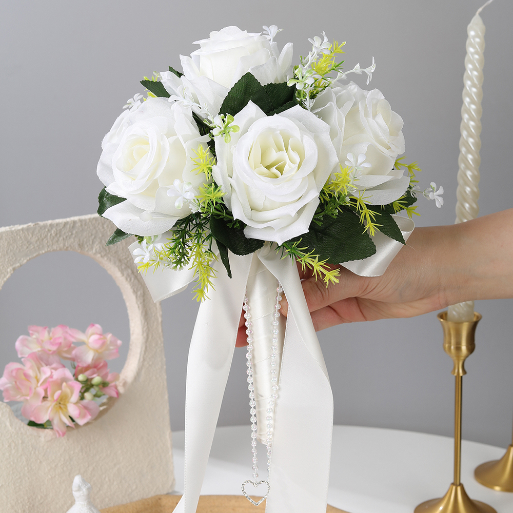 1 weißer Rosen-Hochzeits-Brautstrauß, mit „Liebe“-Dekor, für Hochzeiten, Valentinstag, Verlobungsfeiern: schwarz