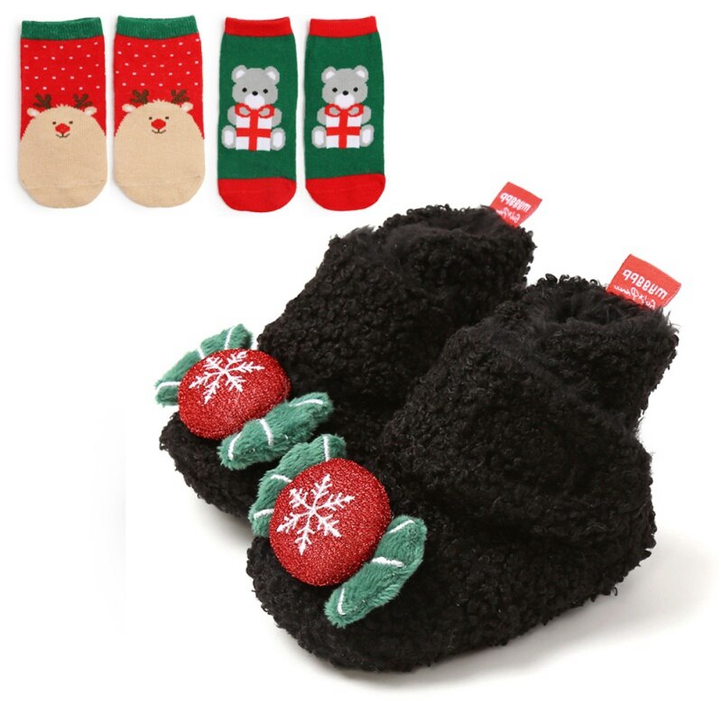 Bebê bonito primeiro andar sapatos menina menino macio anti-deslizamento sapatos natal cervos papai noel bonito sapatos de bebê + 2 headbands/2 meias terno: C / -M