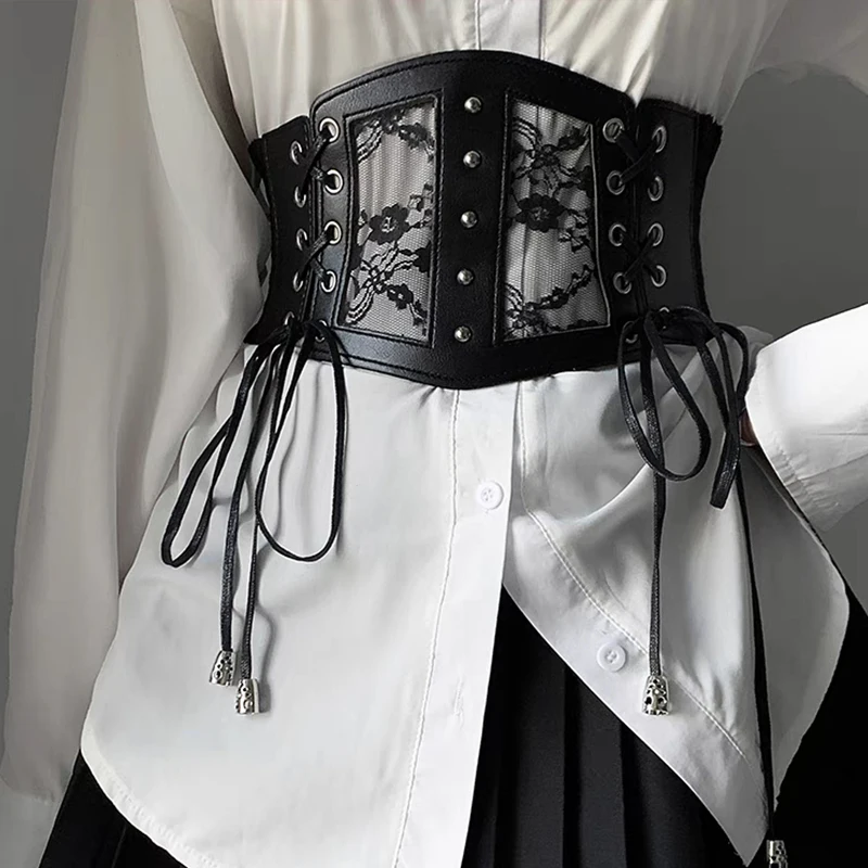 Plus size elástico rendas espartilho cintos para mulheres ampla estiramento cummerbunds feminino goth punk vestido espartilho cinto grande cintura branca