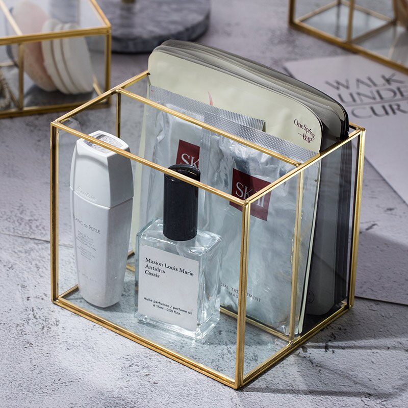 Caja de almacenaje para maquillaje Vintage, joyero de mesa de cristal dorado, clasificación decorativa, organizador cosmético, soporte para brochas de maquillaje