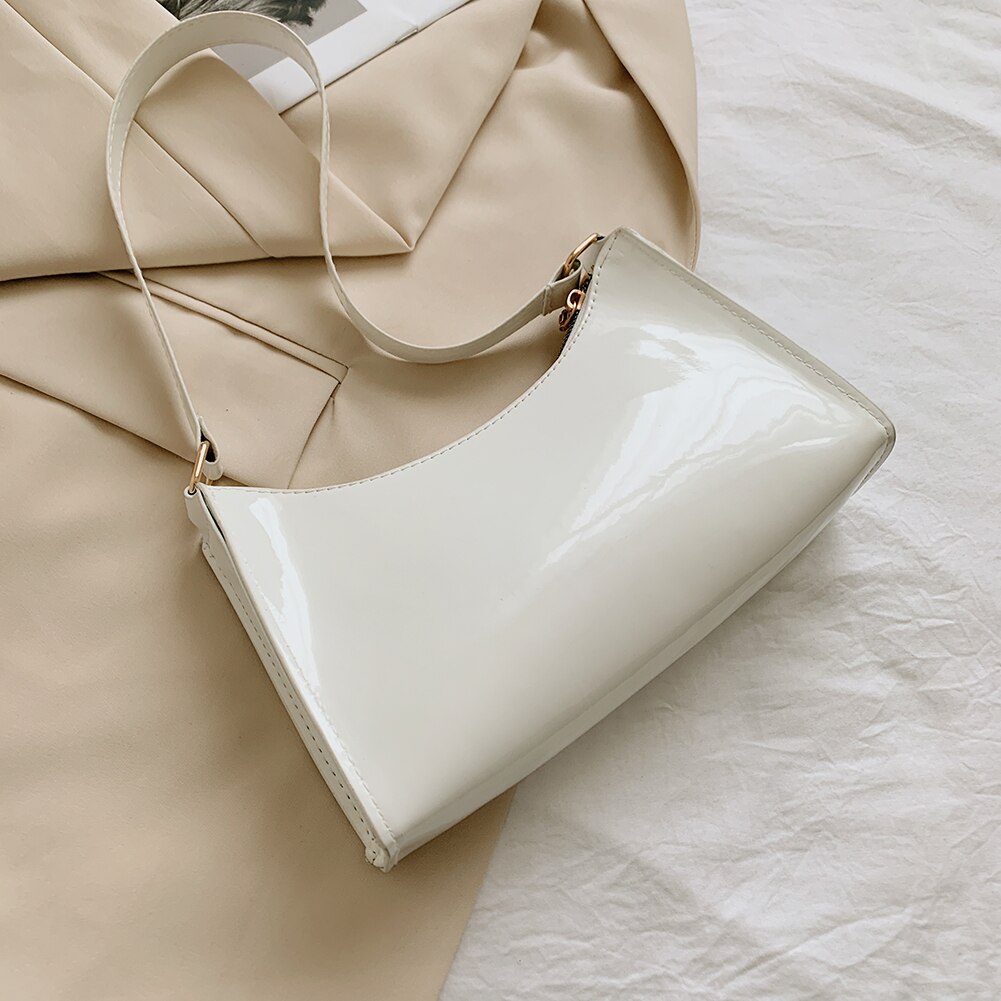 Sac à main en cuir verni pour femmes, à bandoulière, sous-bras, Vintage, couleur Pure, fermeture éclair, Mini Hobos: WHITE