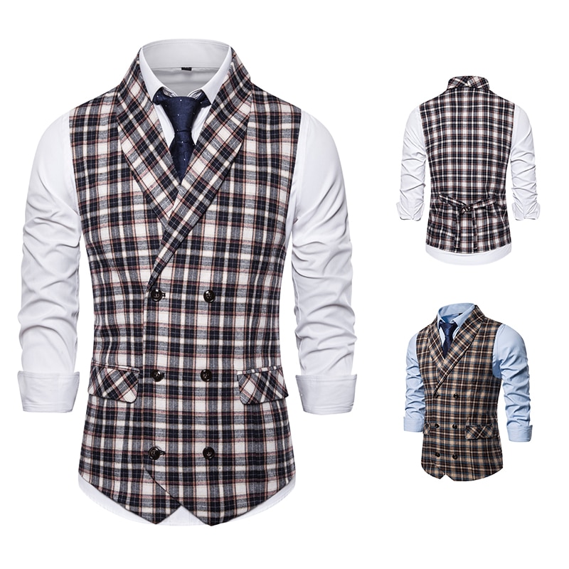 Merk vest heren geruite double breasted gilet high street mouwloze jas slim fit kostuum vesten bruiloft chalecos