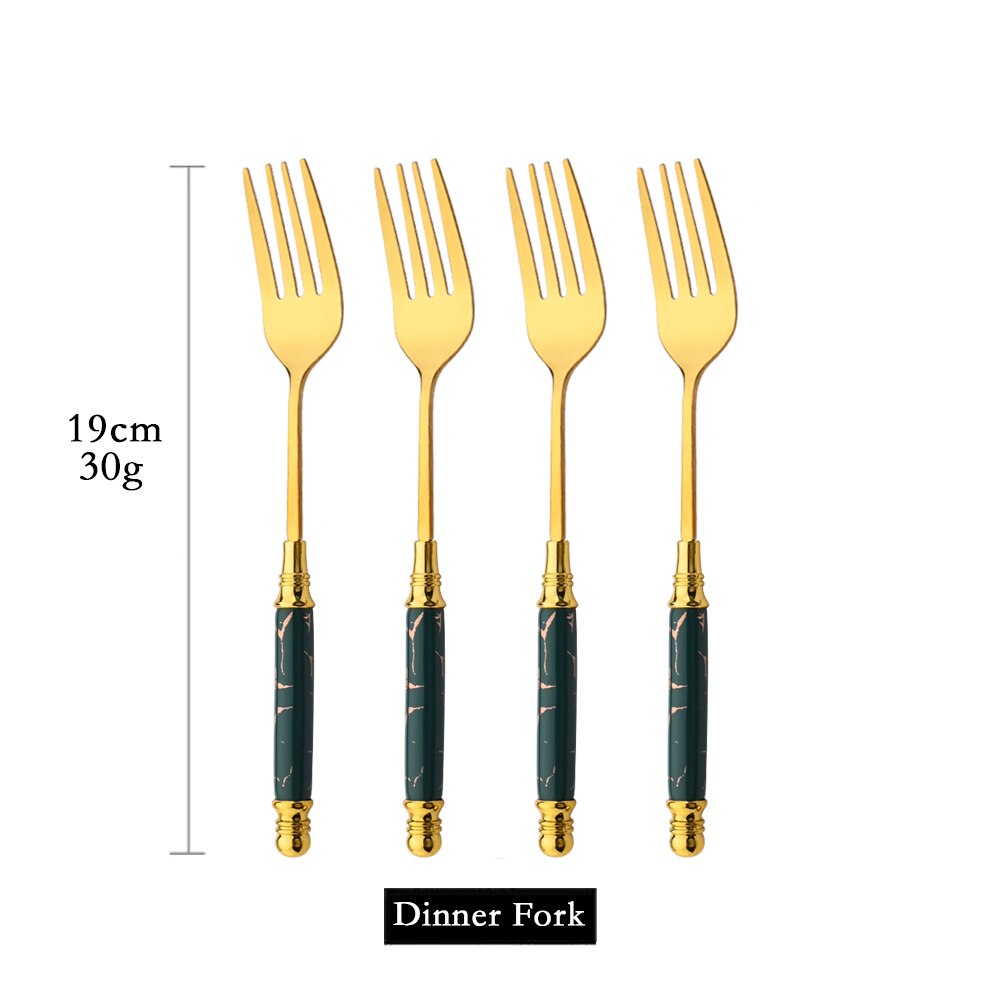4/20PCS Gold Stainless Steel Flatware Cutlery Set Dinnerware Set Emerald Marble Ceramic Handle Knife Fork Tea Spoon Dinner Set: 4Pcs Dinner Fork