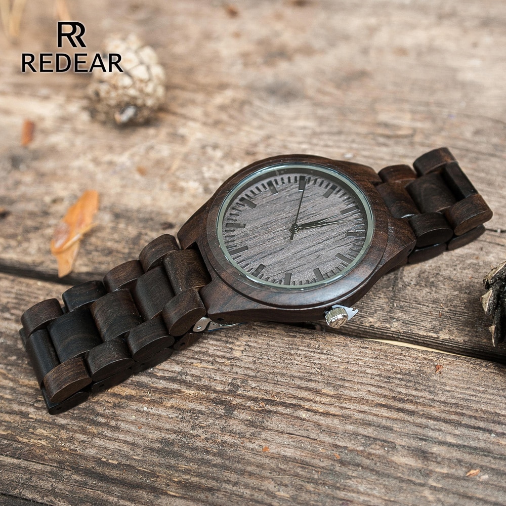 REDEAR Handgemaakte Zwarte Sandelhout Horloges minnaar Horloges Cool Natuur Hout Quartz Automatische Horloge in Box Om Vrouwen