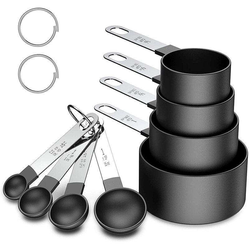8 Pieces Plastic Measuring Cups and Spoons Set, Measure Cups with Stainless Steel Handle for Dry or Liquid Ingredient: Black Full Set (8pc)