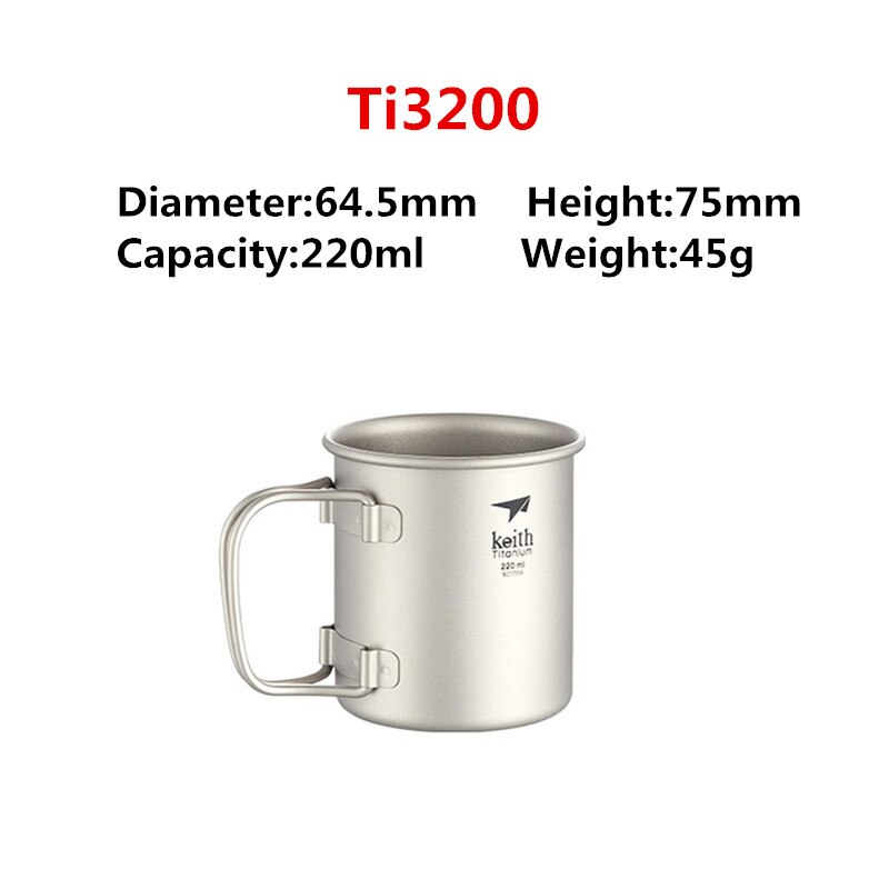 Keith titanium kopp titan vann krus sammenleggbart håndtak enkelt vegg kopp utendørs camping reise tur kopper med lokk 220ml-900ml: 220ml