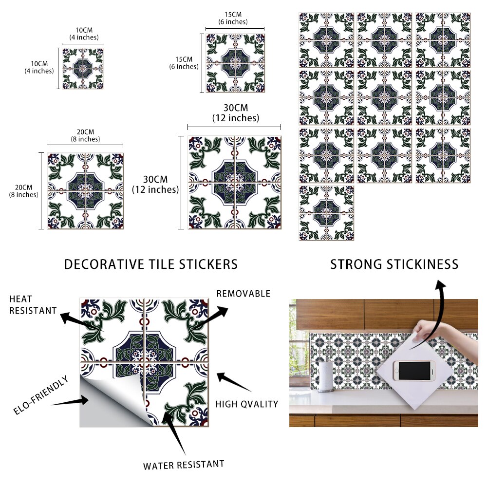10Pcs Marokkaanse Stijl Harde Tegels Muursticker Keuken Badkamer Trappen Decoratie Waterdichte &amp; Olie-Proof Keramiek Vinyl Behang