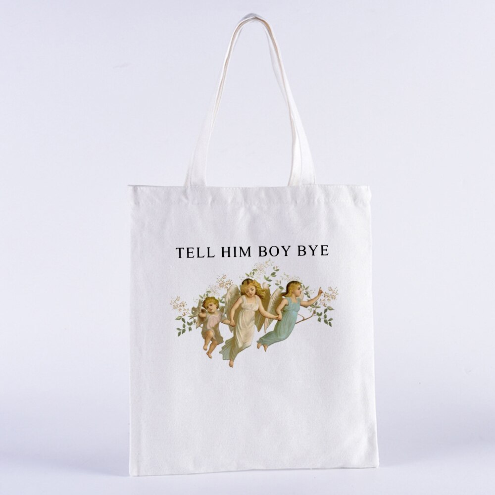 YOU CAN'T SIT WITH US Vintage Harajuku Angel Female College Canvas Shoulder Bag Casual Large Capacity White Totes: B0104-TBWH-M