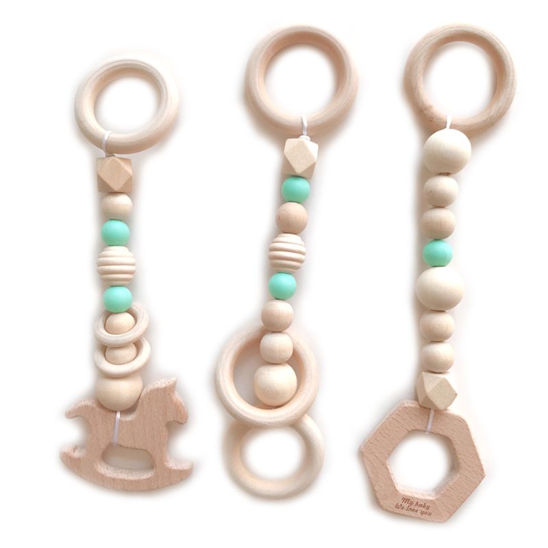 3 Pcs Nordic Style Cartoon Solid Wood Fitness Rack Pendant Children Room Decoration Baby Infants Ring-pull Toy Hanging Ornaments: Green