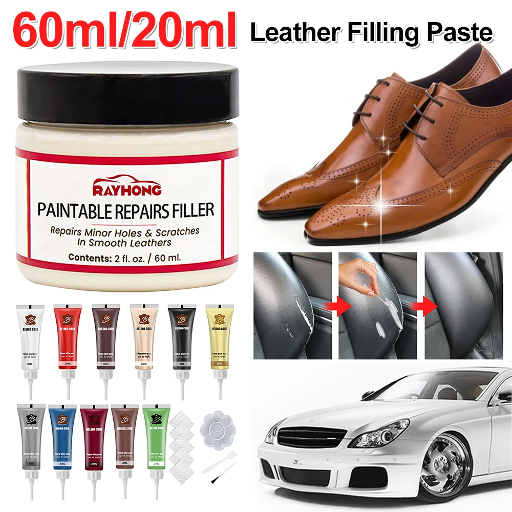 Pasta de relleno de cuero para asiento de coche, pasta de reparación de arañazos, crema de restauración de cuero Natural, relleno de agujeros para quemaduras y grietas, 60ml