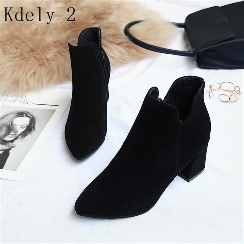 Botines aterciopelados para mujer, botines sin cordones con punta redonda y Tacón cuadrado, informales, color negro/Camel, talla 35-39, Otoño e Invierno