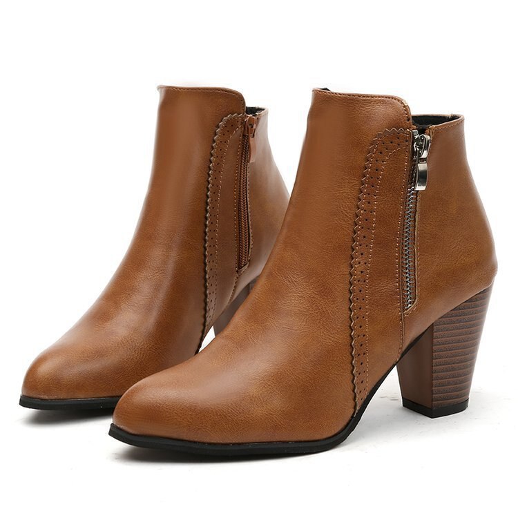 Return Women Ankle Boots PU leather Boots High heel 8cm Ladies shoes Side Zipper Short Boots for Women Shoes ship43: YELLOW / 12