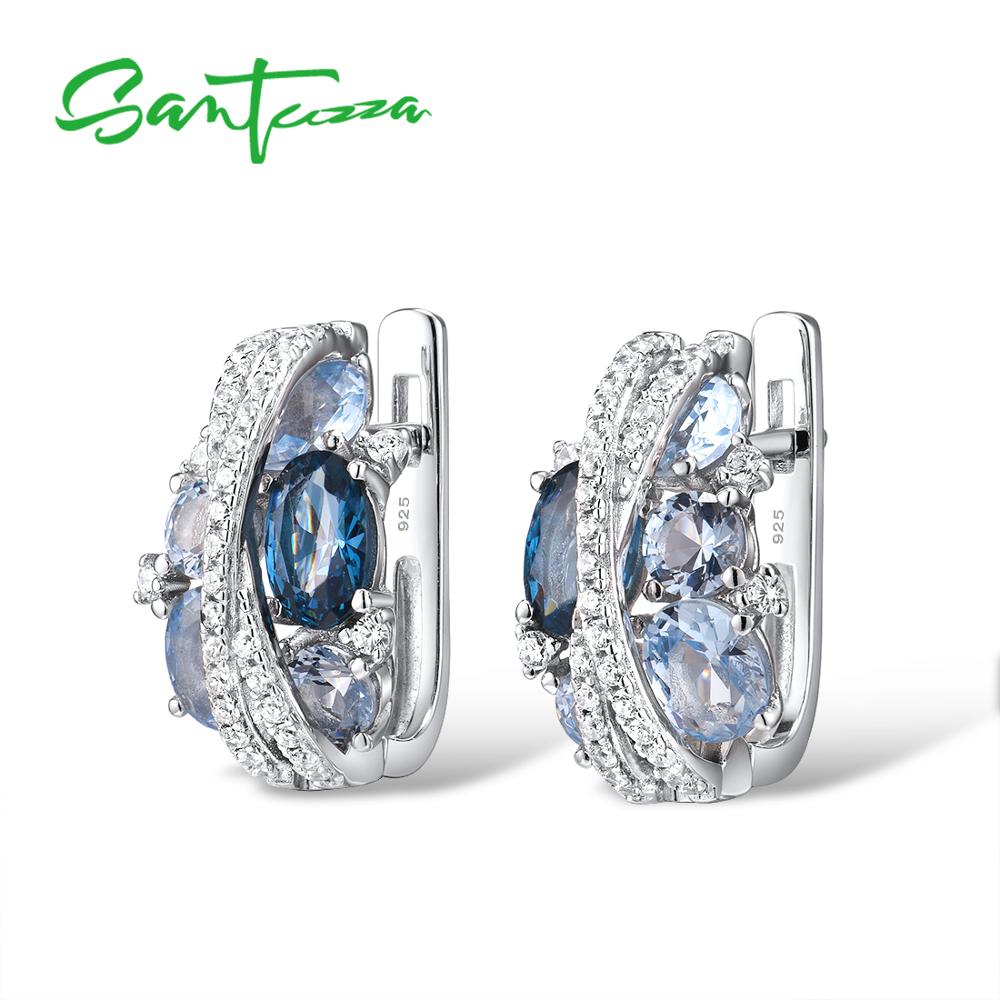 SANTUZZA Silver Earrings For Women Authentic 925 Sterling Silver Shimmering Blue Cubic Zirconia Glamorous серьги Fine Jewelry