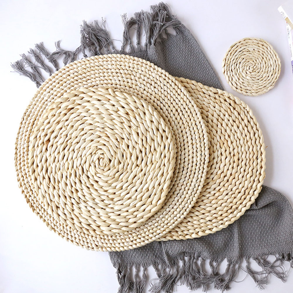 Round Rattan Placemats Natural Straw Woven Dining Table Mats Heat
