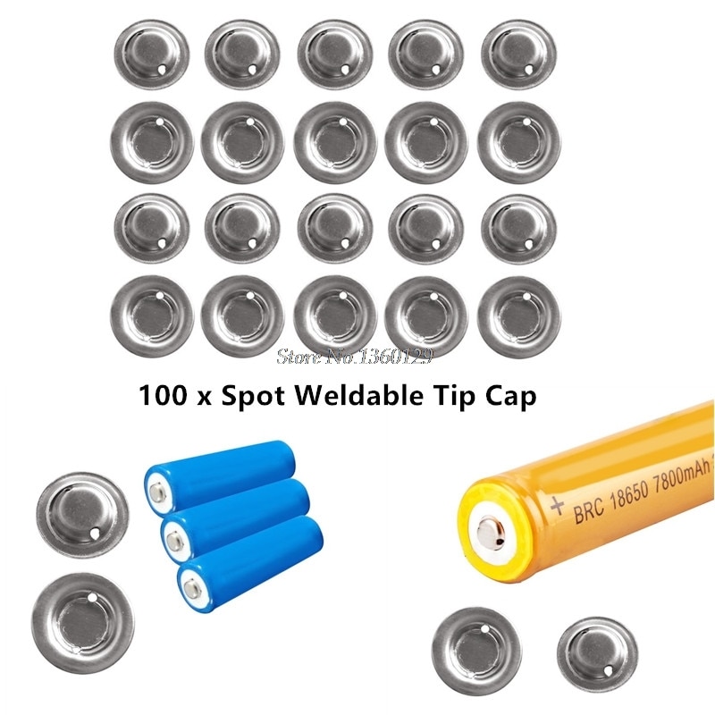 100Pcs 18650 Lithium Battery Positive Spot Welding Tip Cap Flat Head to Tip Metal Protective Cap Battery Accessories