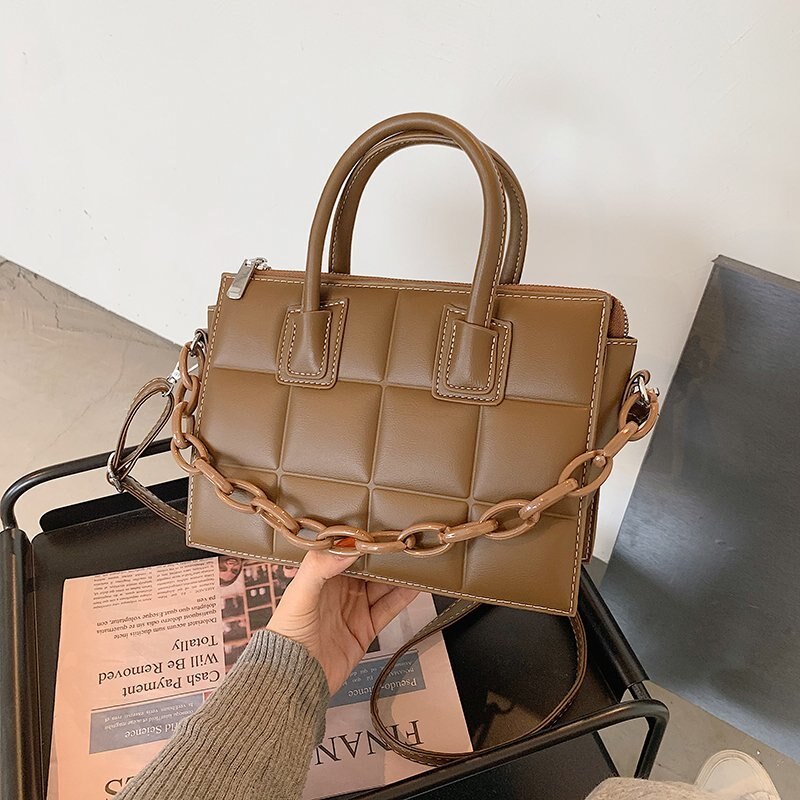 OLSITTI Lattice Pattern Leather Shoulder Bags for Women Minimalist Retro Female Handbag Crossbody: Khaki