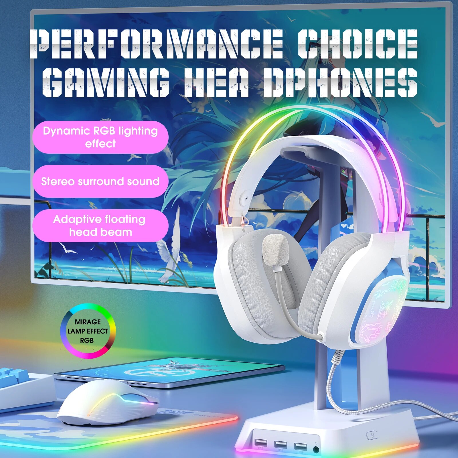 Onikuma profession elles Gaming-Headset mit kabel gebundener Over-Ear-Kopfhörer mit dynamischer RGB-Beleuchtung und geräusch unterdrücken dem Mikrofon-Stereo-Kopfhörer: WHITE