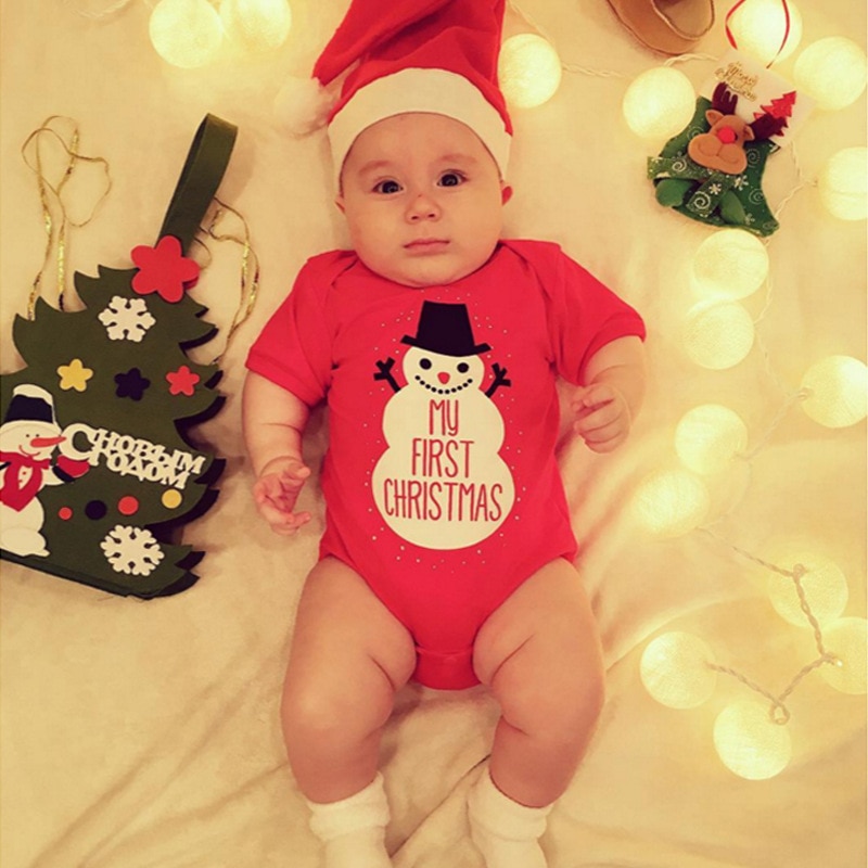 Pasgeboren Baby Kids Meisjes Jongens Vrolijk Kerstfeest Bodysuit + Hoed Kerstman En Sneeuwvlokken Jumpsuit Outfit Set DS9
