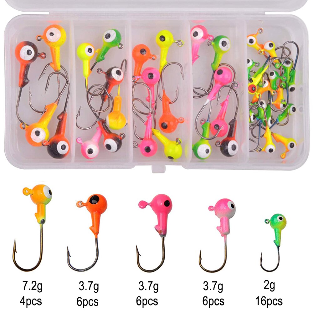38 st /50 st vev jigg huvud krok set blandad färg fiske krok jigg huvud locka hårt bete mjuk mask jigg krok för bas öring: 38 st-låda