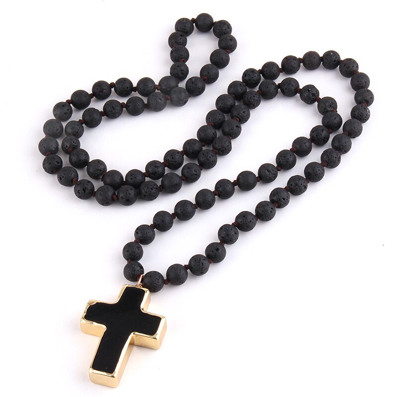 RH joyería Tribal bohemia de , collares con colgante de cruz de piedra anudada con piedras naturales de 8mm, collar étnico para mujer
