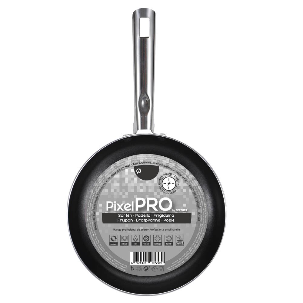 Sarten de aluminio prensado industrial Pixel Pro, 4 tamaños a elegir, doble capa de antiadhernete negro, aluminio prensado, fondo de inducción por puntos, mango de acero inoxidable, sarten, sartenes