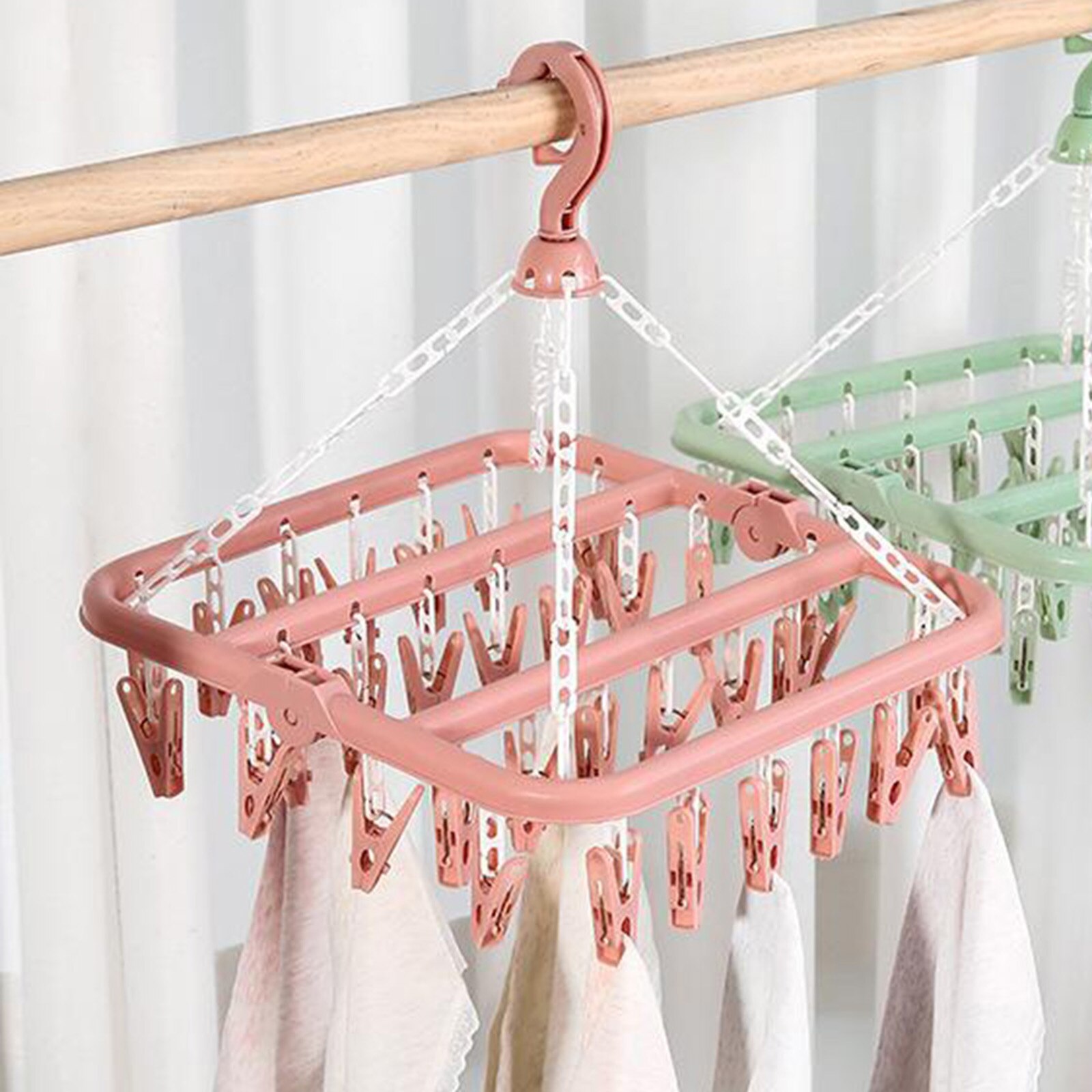 32 Peg Foldable Clip Hangers, Underwear Hanger with Clips, Plastic Laundry Clip and Drip Drying Hanger for Socks, Bras, Clothes