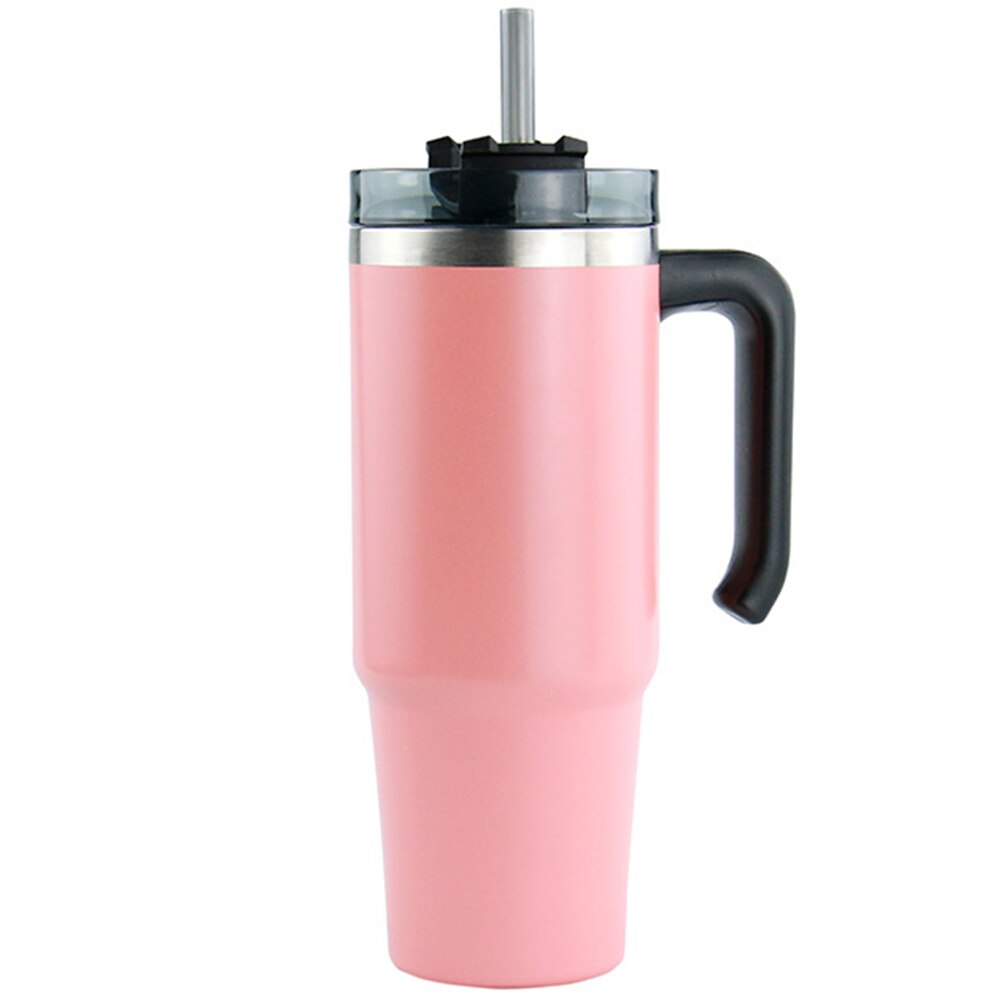 20oz/30oz Stainless Steel Thermos Cup With Straw Coffee Cup Thermal Insulation Ice Cup Car Cup Water Cup With Handle: 20 oz Pink