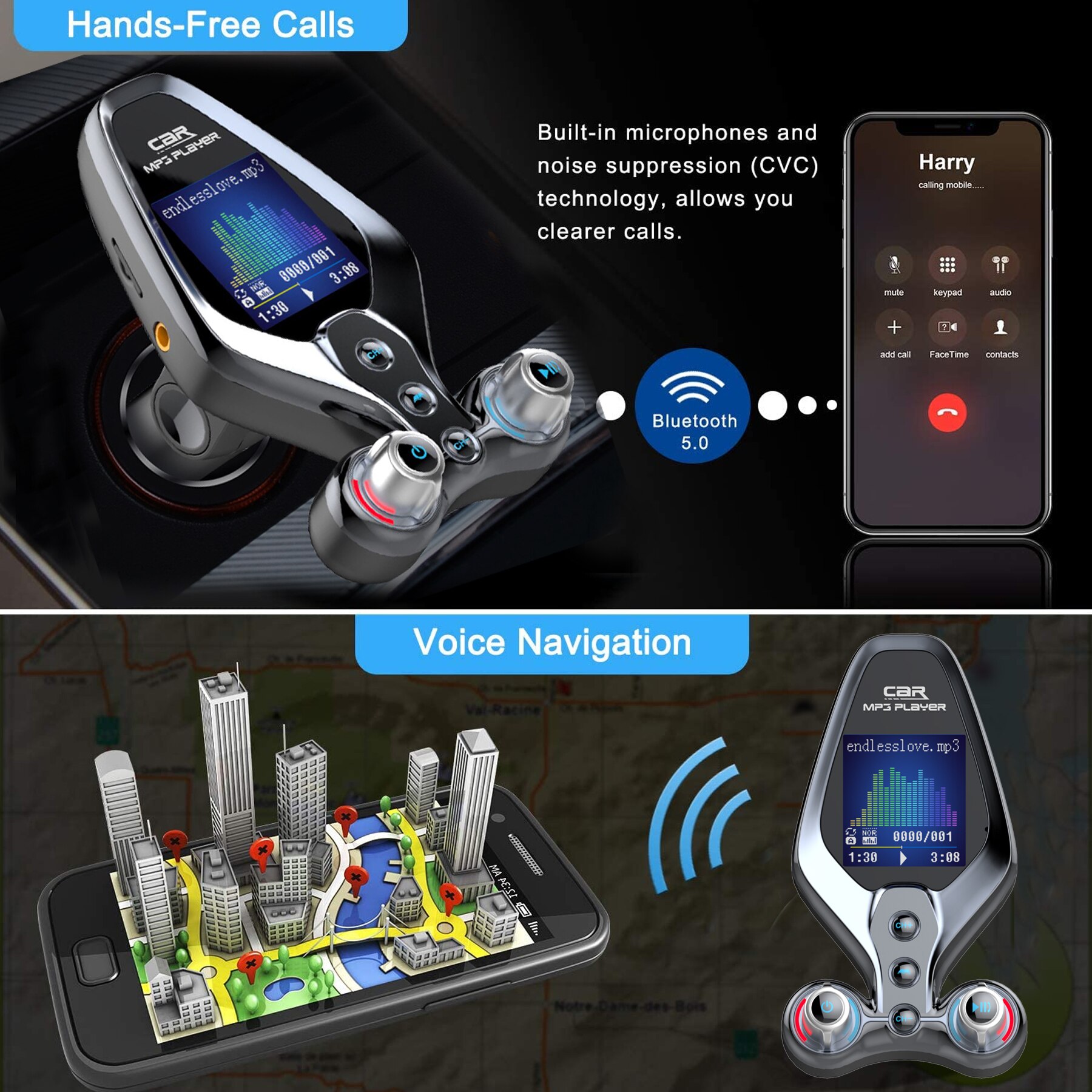 Draadloze Fm Zender Bluetooth 5.0 Handsfree Aux Fm Radio QC3.0 Usb Snelle Autolader Auto Usb MP3 Speler Ondersteuning 128G Tf Muziek