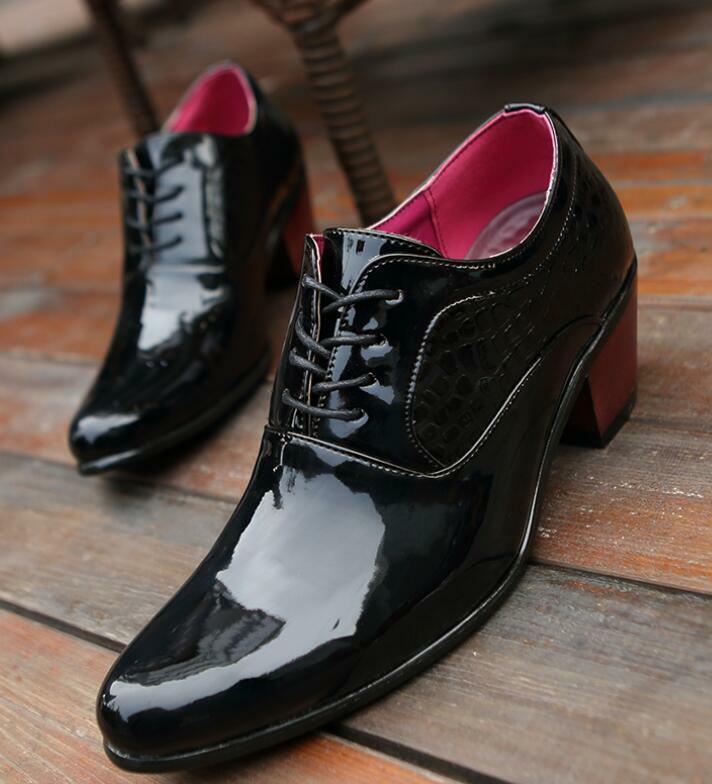 Men's Pointed Toe Wedding Lace Up 8cm Cuban Heel Patent Leather Formal Shoes