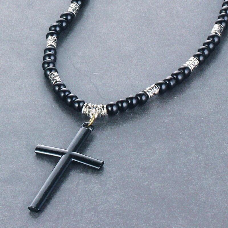 Retro jesus kors vedhæng halskæde sort farve perler kæder saint benedict medalje halskæder til mænd religiøse smykker kolye: B