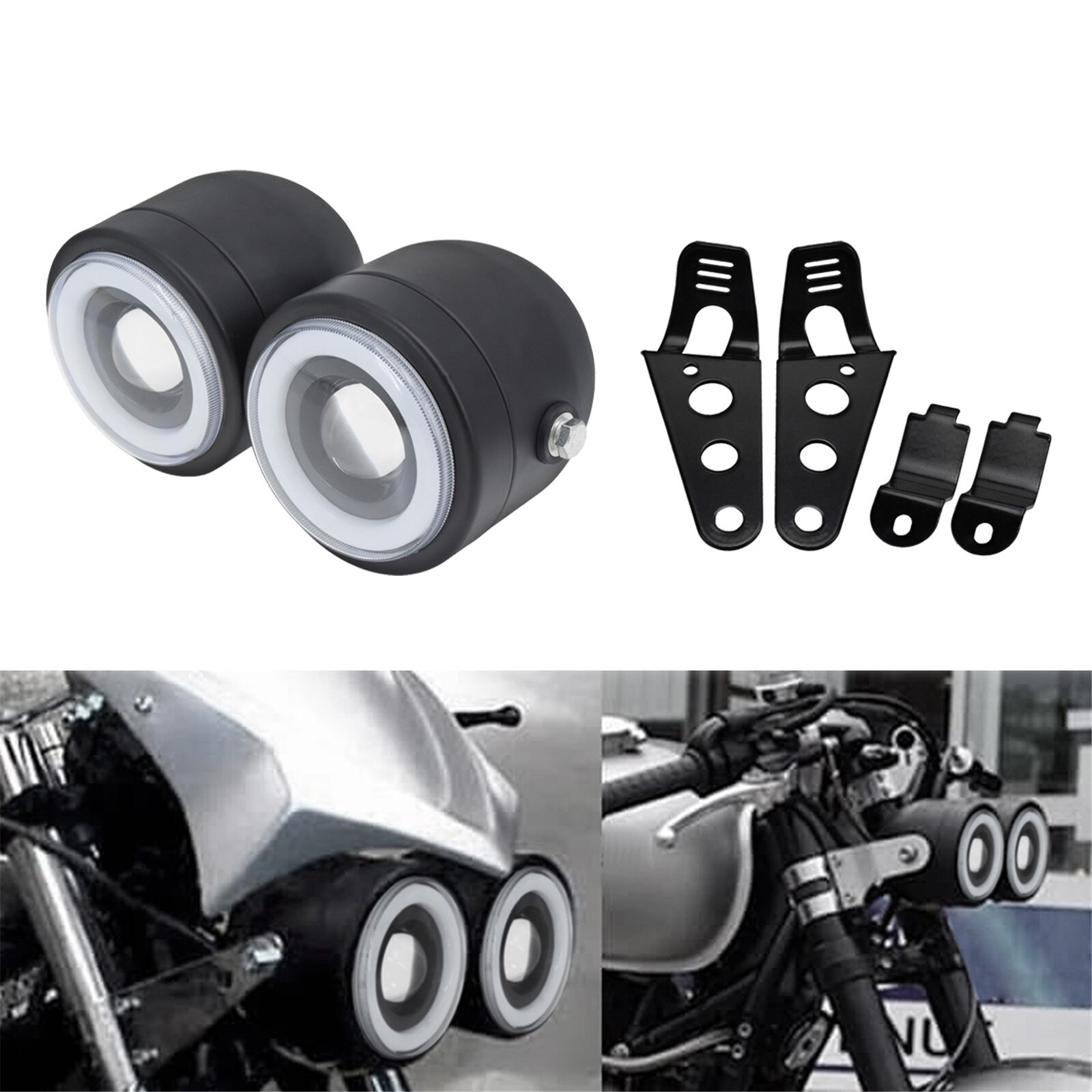 Evomosa Dubbele Motor Koplamp Met Houder – 12V Halogeen, Universeel Voor Chopper, Bobber, Cafe Racer