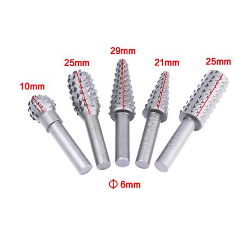5Pcs/set Carbon Steel Rasp File Drill Bits Set, Woodworking Carving Grinder Drill Rasp Tool, 1/4" Round Rotary Files Set: grey