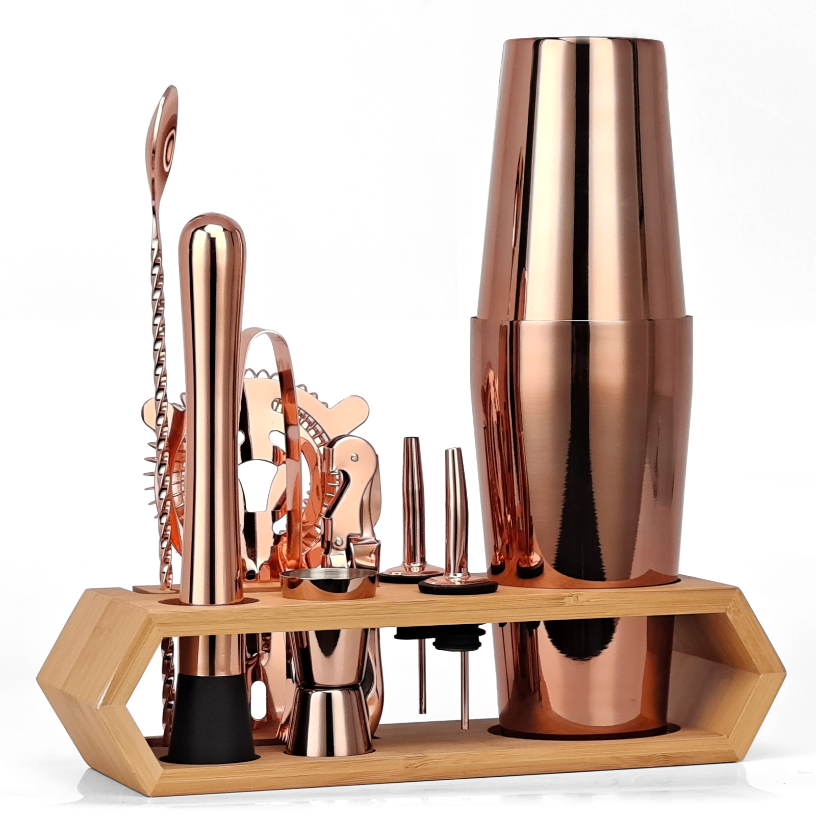 Cocktail Shaker Set Rose Gold,10-Piece Bartender Kit With Bamboo Stand,Tools Very Suitable For Family Party Use: Rose Gold-Boston